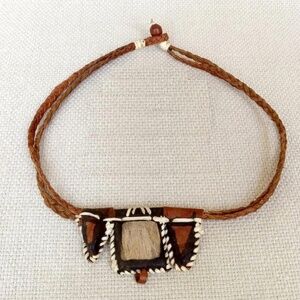 African Tribal Leather Necklace Choker Fur Hand Painted Vintage Jewellery